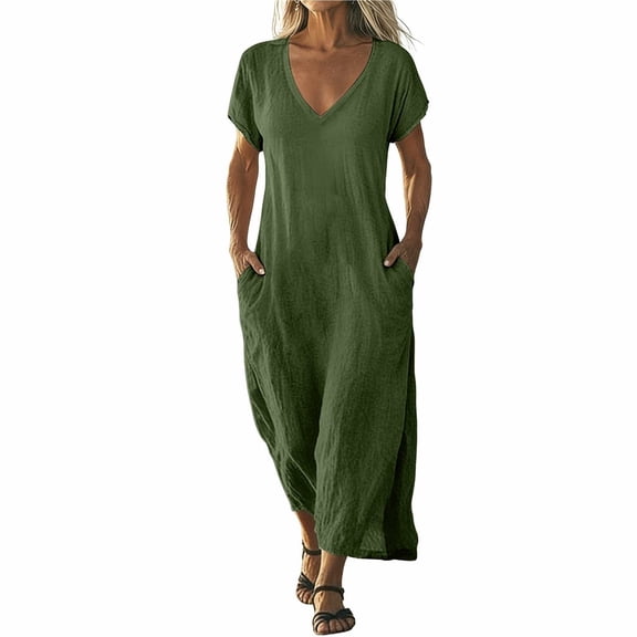 BILIKEYU Women's Plus Size Maxi Dresses, Cotton Linen Loose Fit Short Sleeve Flowy Boho Beach Dress V Neck Sundress with Pockets for Summer Vacation, Blackish Green