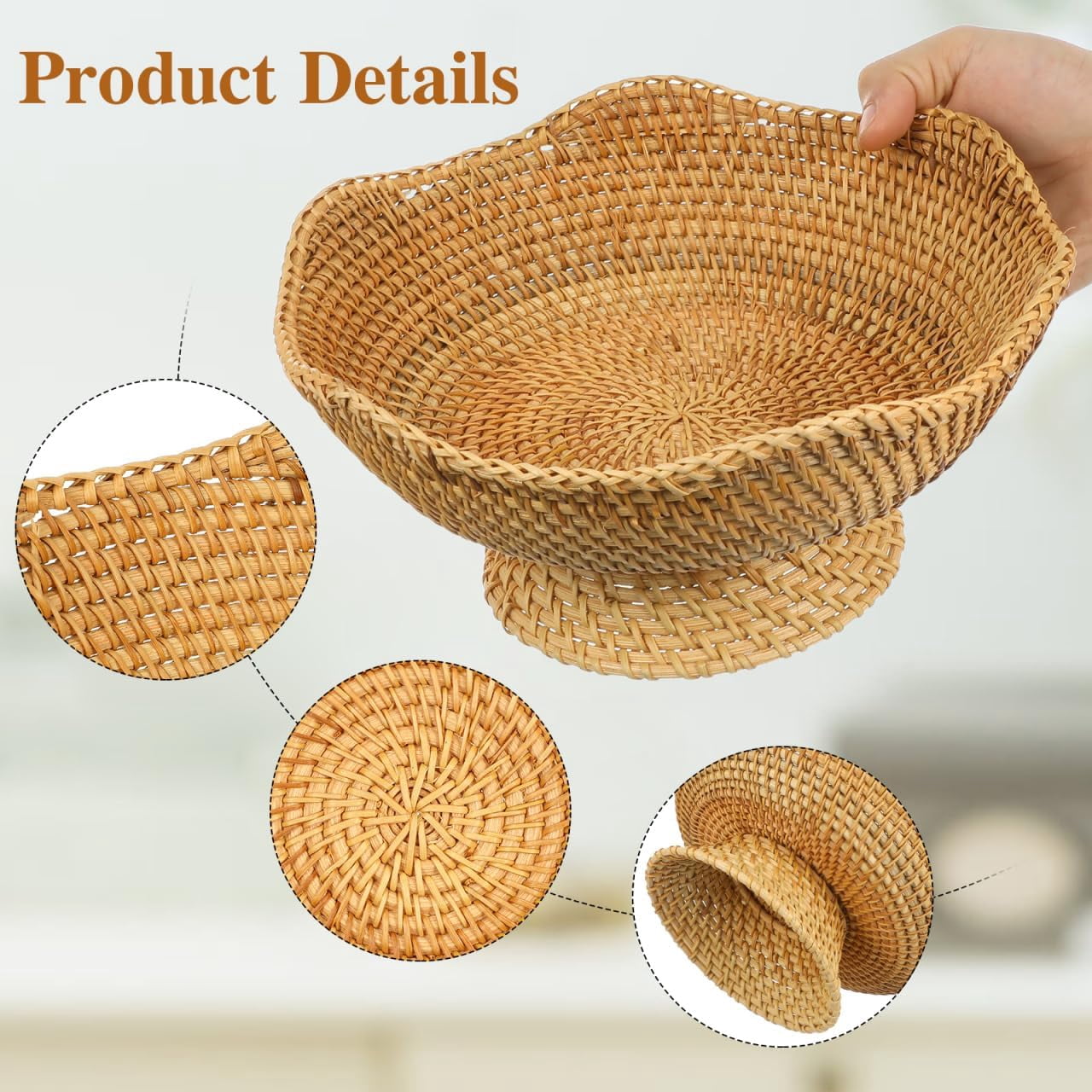 Supbessel Rattan Fruit Bowl, Small Round Wicker Basket, Natural Pedestal Bowl for Fruit Bread Storage Organization, Dining Table Centerpiece, 9.8''x9.8''x5.5''