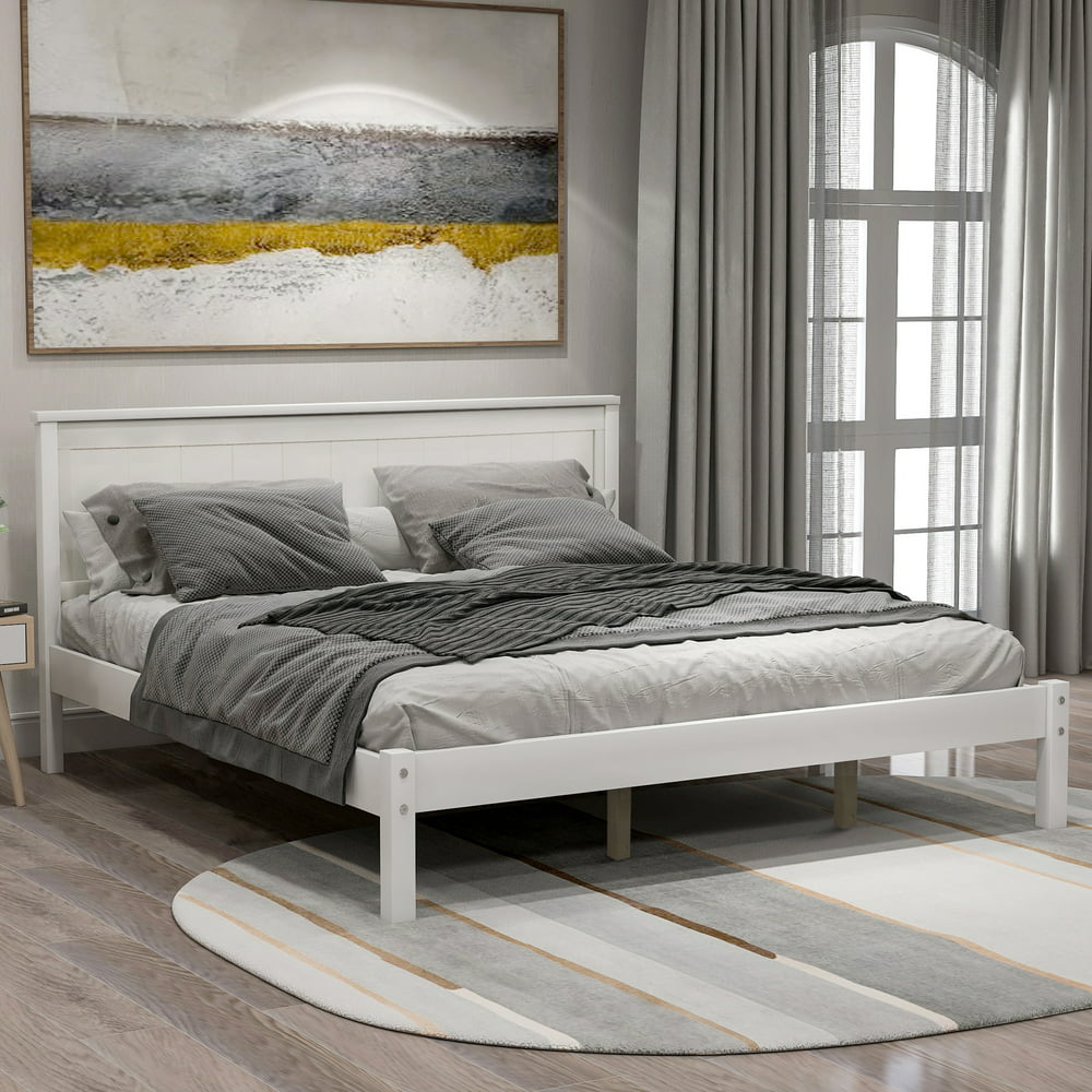 EUROCO Queen Platform Bed Wood Frame With Headboard And Slat Support