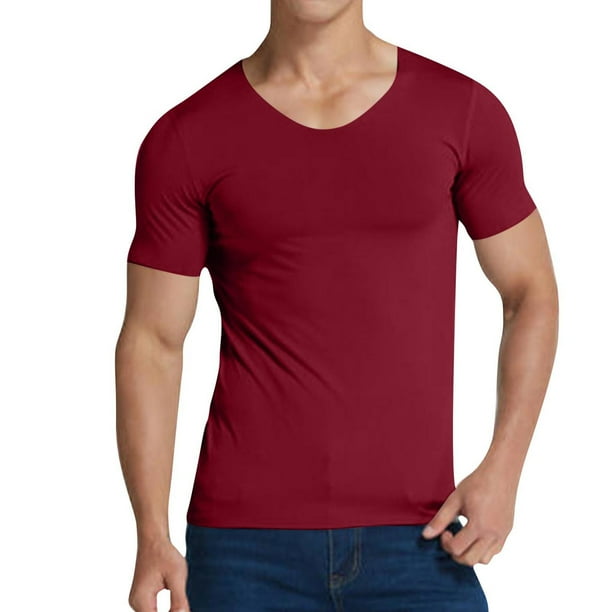 Camisas de Suéter de Hombre de Color Sólido Cuello en V de Manga Corta, sin Costuras Estiramiento Apretado Top de Fitness