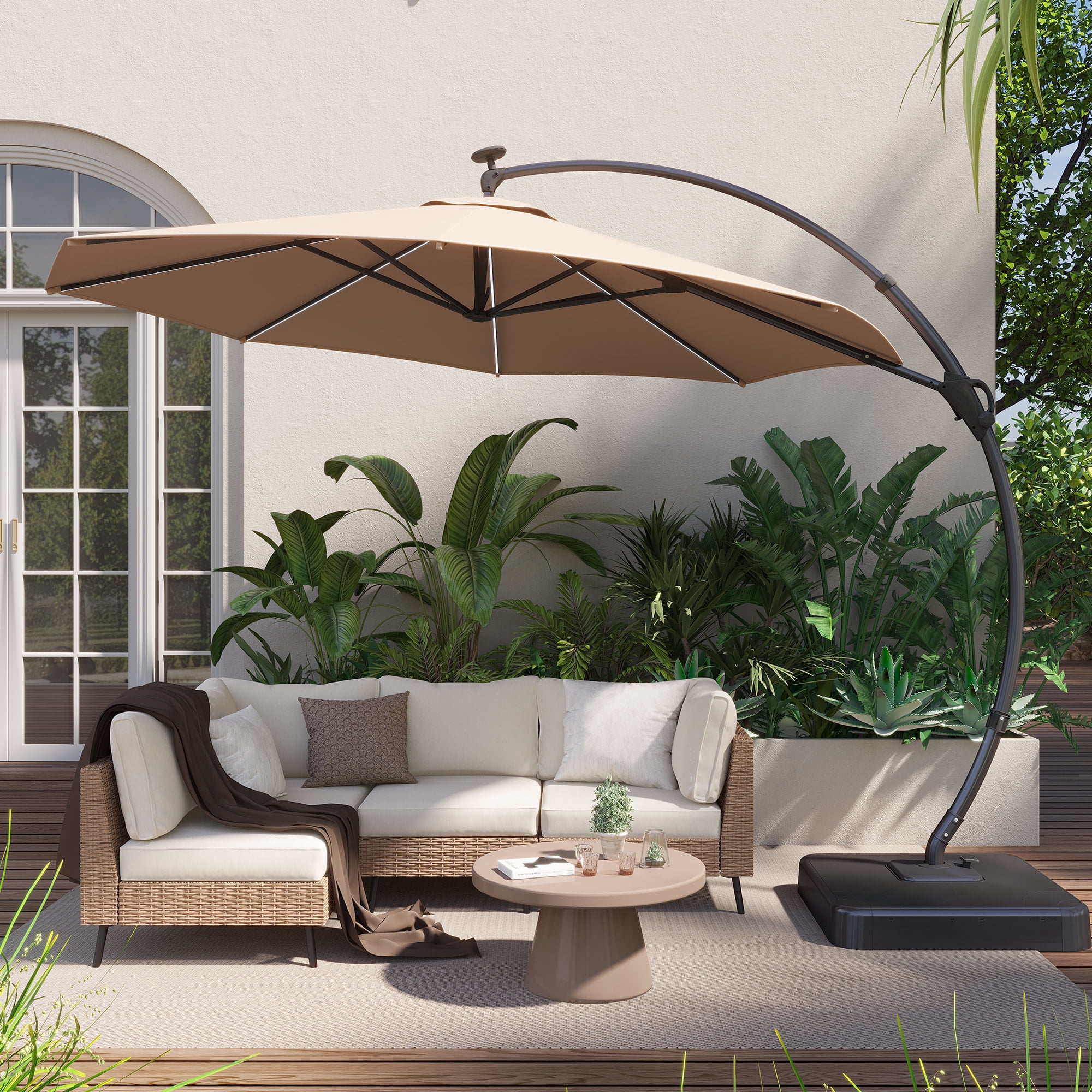 KAMEROUT 11 FT Outdoor Curvy Cantilever Umbrella with Solar LED Lights, Heavy Duty Windproof Offset Patio Umbrellas with 360° Rotation for Market, Pool, Garden, Backyard, Champagne