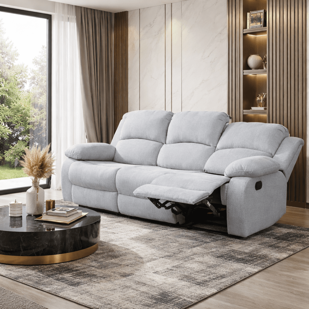 Gewnee Linen Fabric Upholstered Manual Reclining Sofa with 3 Recliners and Cup Holders,Gray
