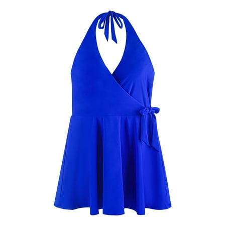 RELLECIGA Women s Halter V Neck Plunge One Piece Skirt Vintage Swimdress Retro One Piece Swimsuit Tummy Control One piece Swim Dresses Blue Bathing Suit
