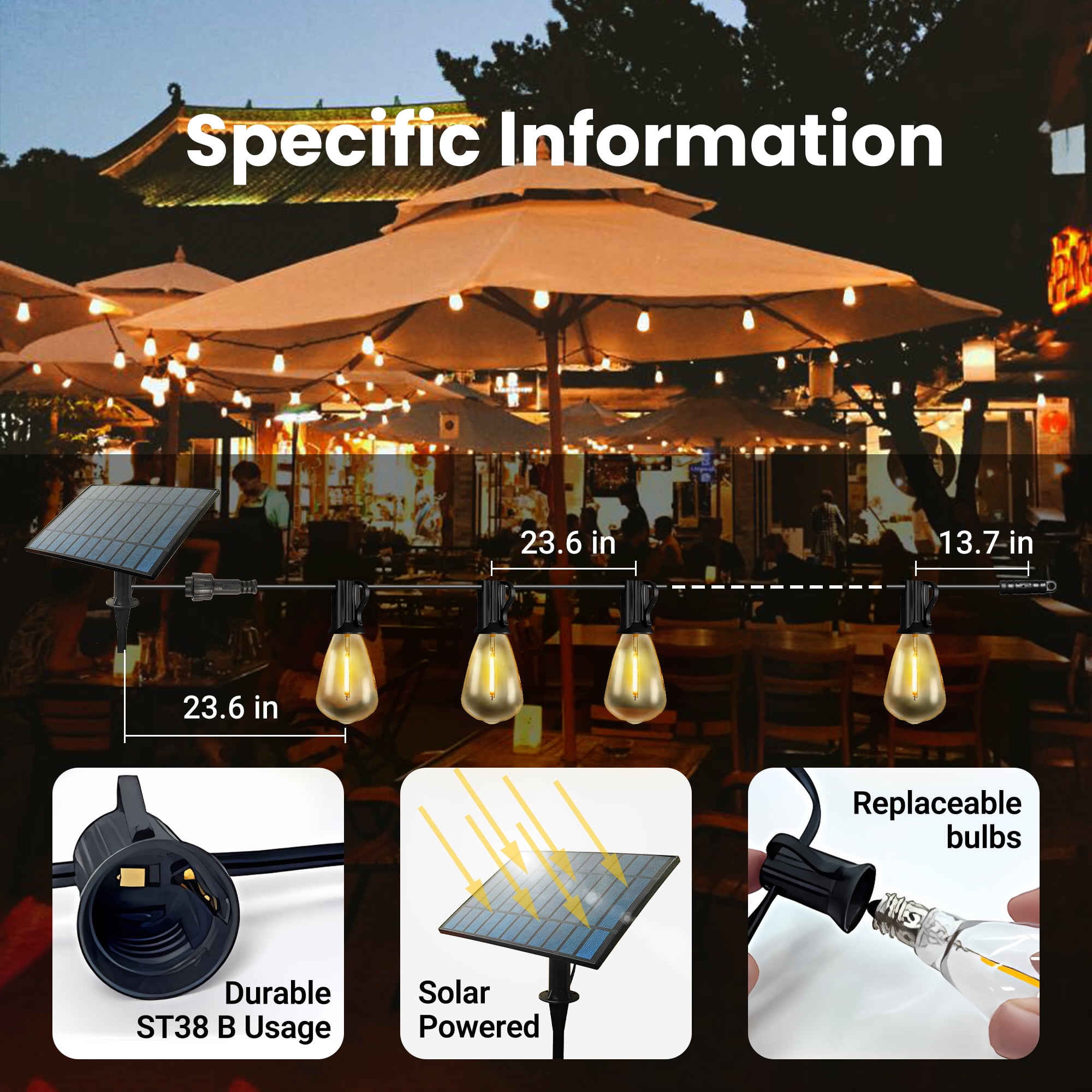 DAYBETTER 150FT Solar Outdoor String Lights, with 75 ST38 Shatterproof Bulbs,Solar Powered, Waterproof Hanging Lights for Patio Garden Decor