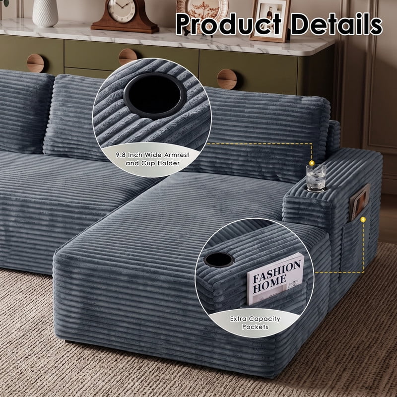 Anpport 104" Boneless Cloud Modular Sectional Couch, Corduroy Sofa with Cup Holders, Side Pockets, Deep Seat, No Assembly Required for Living Room, Gray (R‑Shaped, Right Facing Chaise)