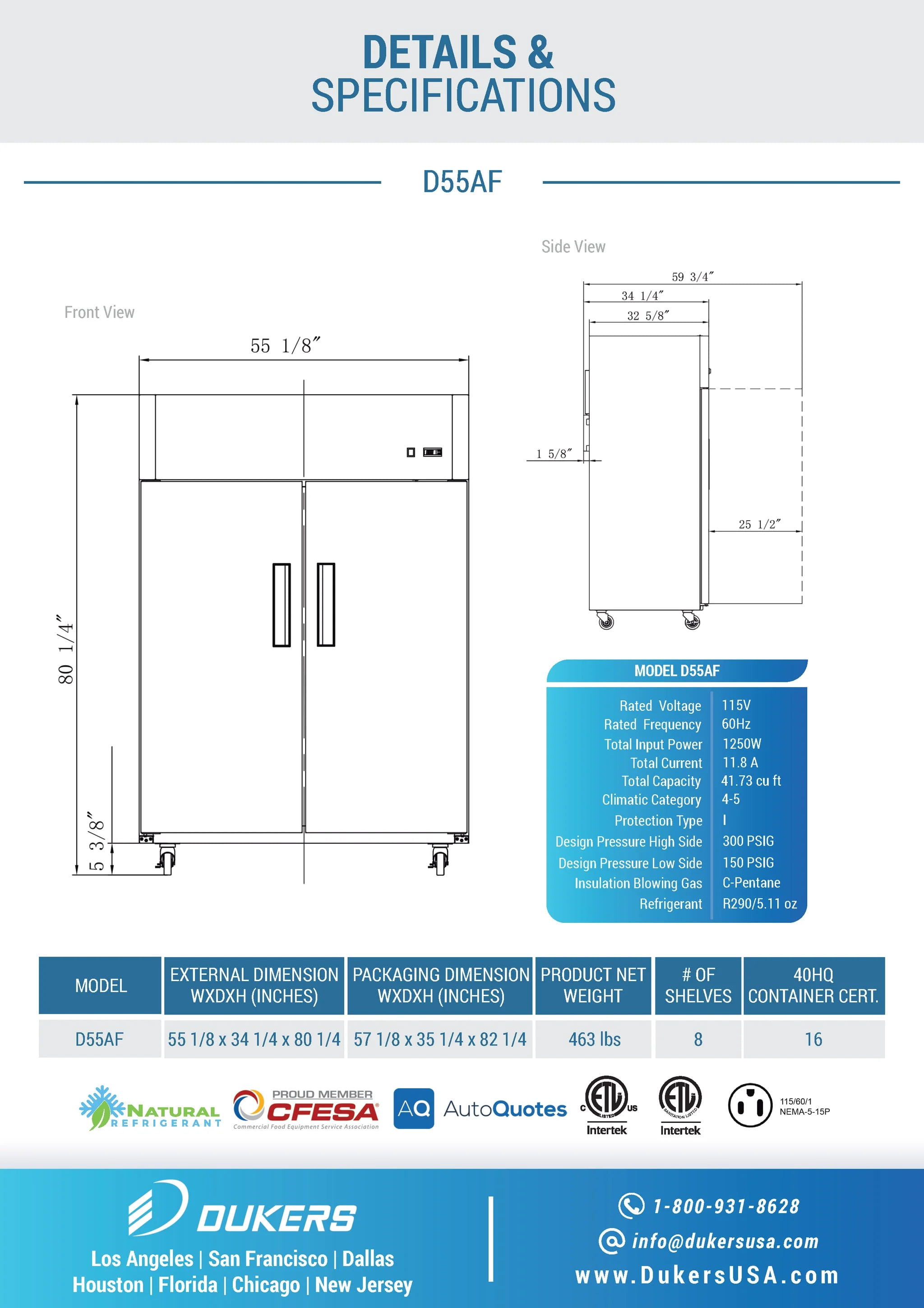 Dukers - D55AF Commercial 2-Door Top Mount Freezer in Stainless Steel