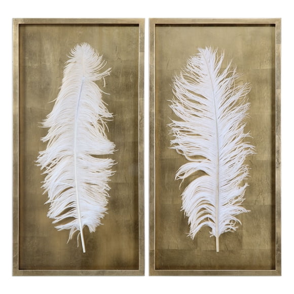 MY SWANKY HOME Gold White Natural Feather Wall Art Set 2 | Contemporary Pair Modern Bird Elegant
