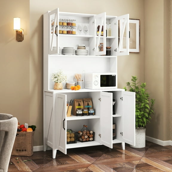 Living Room Cabinet - Large Kitchen Pantry With Open Shelves & Drawers Storage Glass Doors, Freestanding Buffet For White