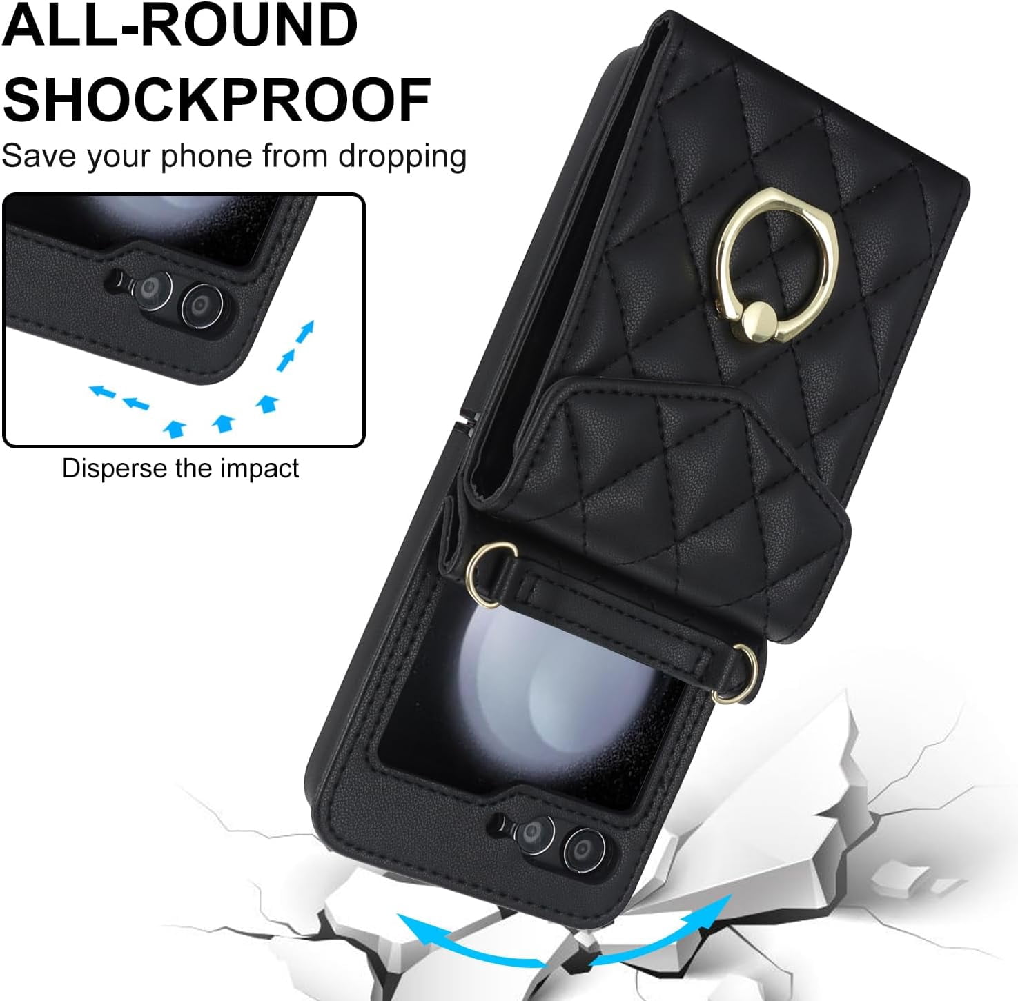 Phone Case for Samsung Galaxy Z Flip 5 5G 2023 Wallet Cover with RFID Blocking Ring Crossbody Wrist Strap Stand Credit Card Holder Cell Accessories ZFlip5 Z5 G Flip5 5Z Women Men Girls Black