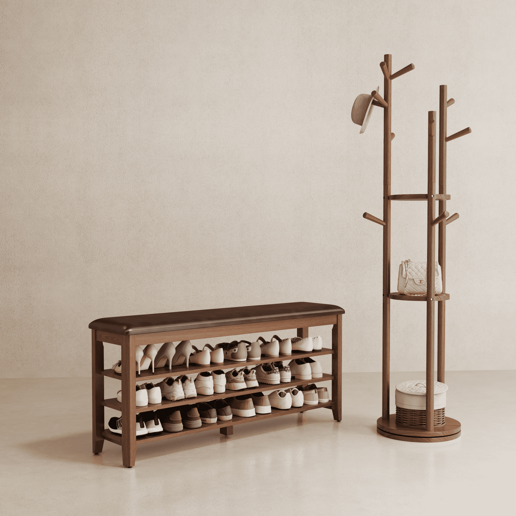Muwuele 3-Tier Adjustable Shelves Shoe Rack with Leather Cushion, Walnut Wood