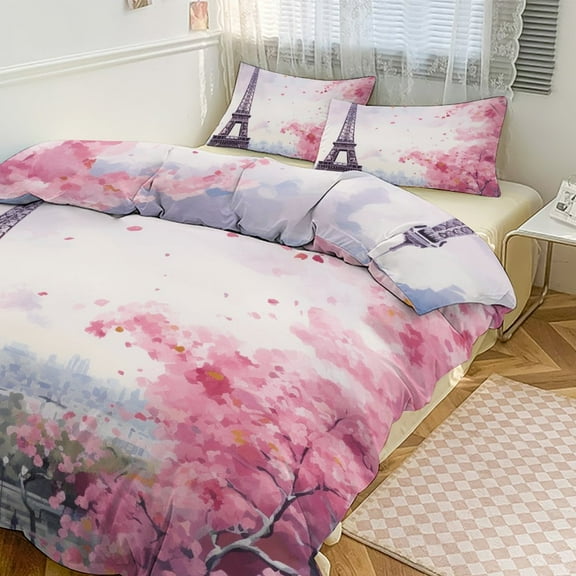 3PCS Eiffel Tower Duvet Cover Set Twin, 1 Duvet Cover And 2 Pillowcase, Duvet Cover for Kids Girls Boys And Teens