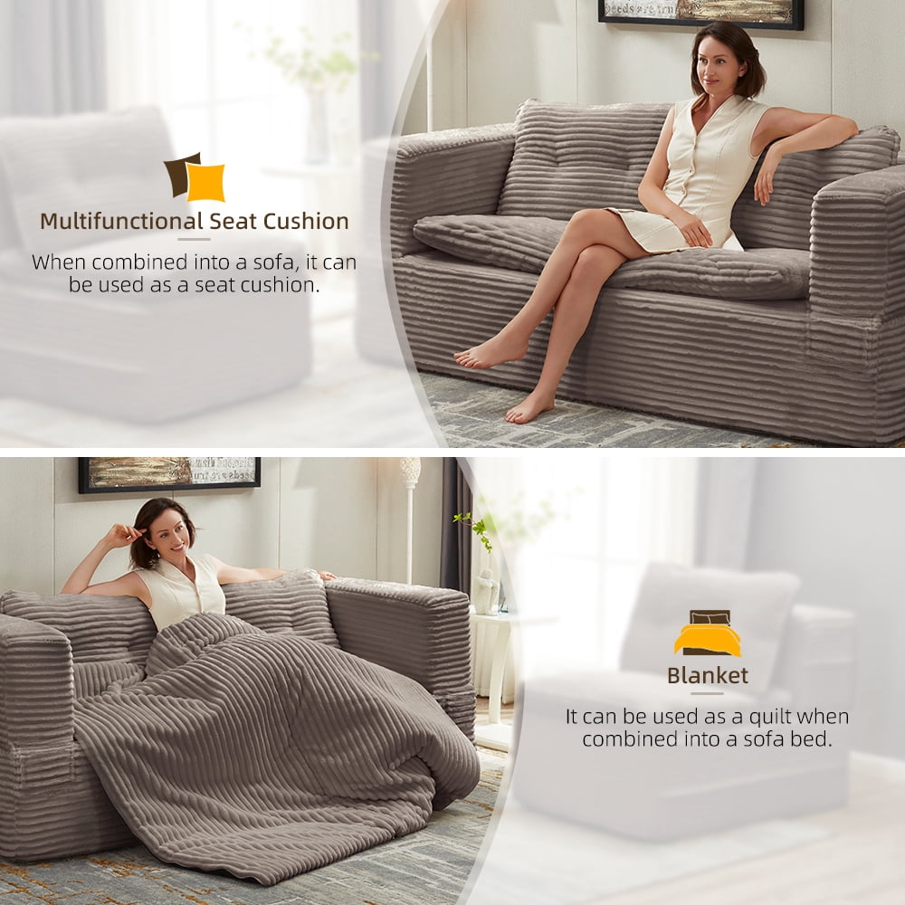 Anpport 80" King Size Convertible Sectional Sofa Bed, Plush Corduroy Deep Seat Couch with Chaise Lounge and Blanket, for Living Room Apartment, Coffee