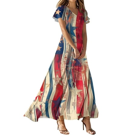 DBAIXID Memorial Day Dress for Women V-Neck USA American Flag 1776 Patriotic Sleeveless Summer a Line Dresses Red White and Blue Proud Heritage Patchwork Ruffle Hem Dress Vermilion XS