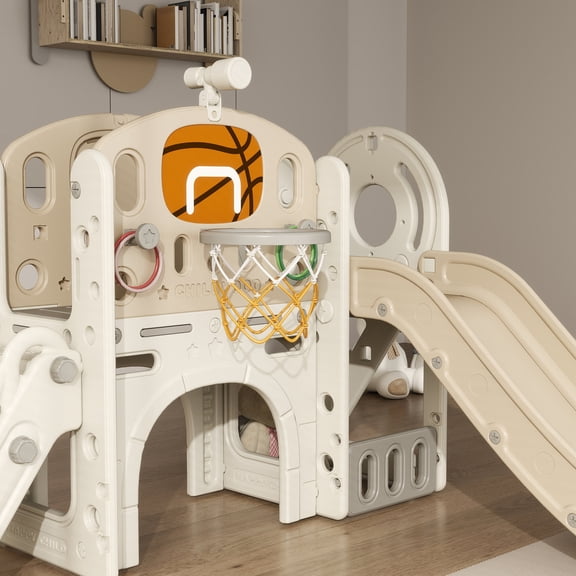 Kids Slide Qaba 7-in-1 Toddler Slide Playset, Kids Slide for Ages 1-6 Years with Ring Toss, Basketball Hoop, Telescope, Indoor Playground with Climber, Storage Space, Crawl Tunnel, Cream White,Toddle