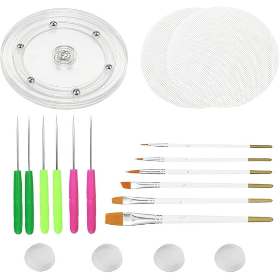 19 Pcs Cookie Decorating Kit Fondant Cake Tool Include  1 Acrylic Turntable 6 Scribe Needle 2 Silicone Mesh Mats 6 Cookie Decoration Brushes 4 Rubber Feet Bumpers