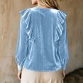 thumbnail image 5 of ClodeEU Women V Neck Ruffle Trim Long Sleeve Velvet Blouse,Casual Elegant Loose Dressy Shirt Light Blue,Women's Plus XXXL, 5 of 6