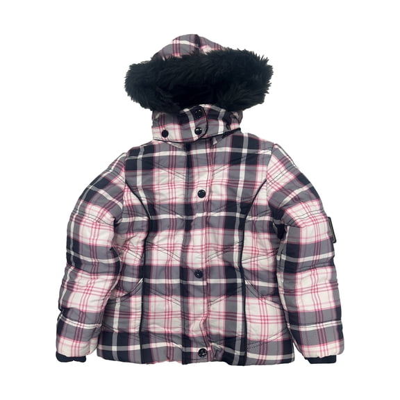 Girls Pink & Black Plaid Hooded Winter Ski Coat Jacket Zip-Up Hood S (6/6x)