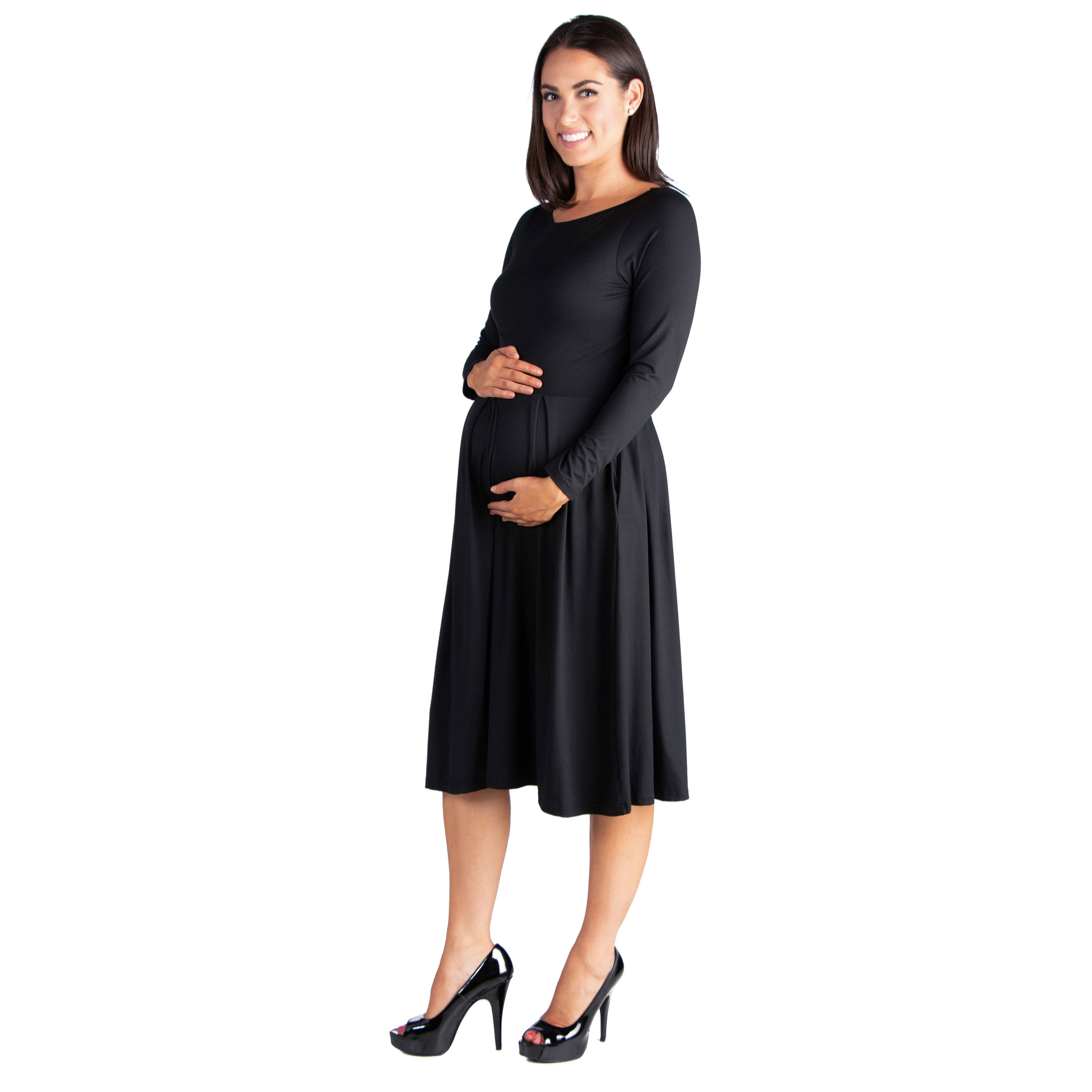 24/7 Comfort Apparel Long Sleeve Fit and Flare Maternity Midi Dress