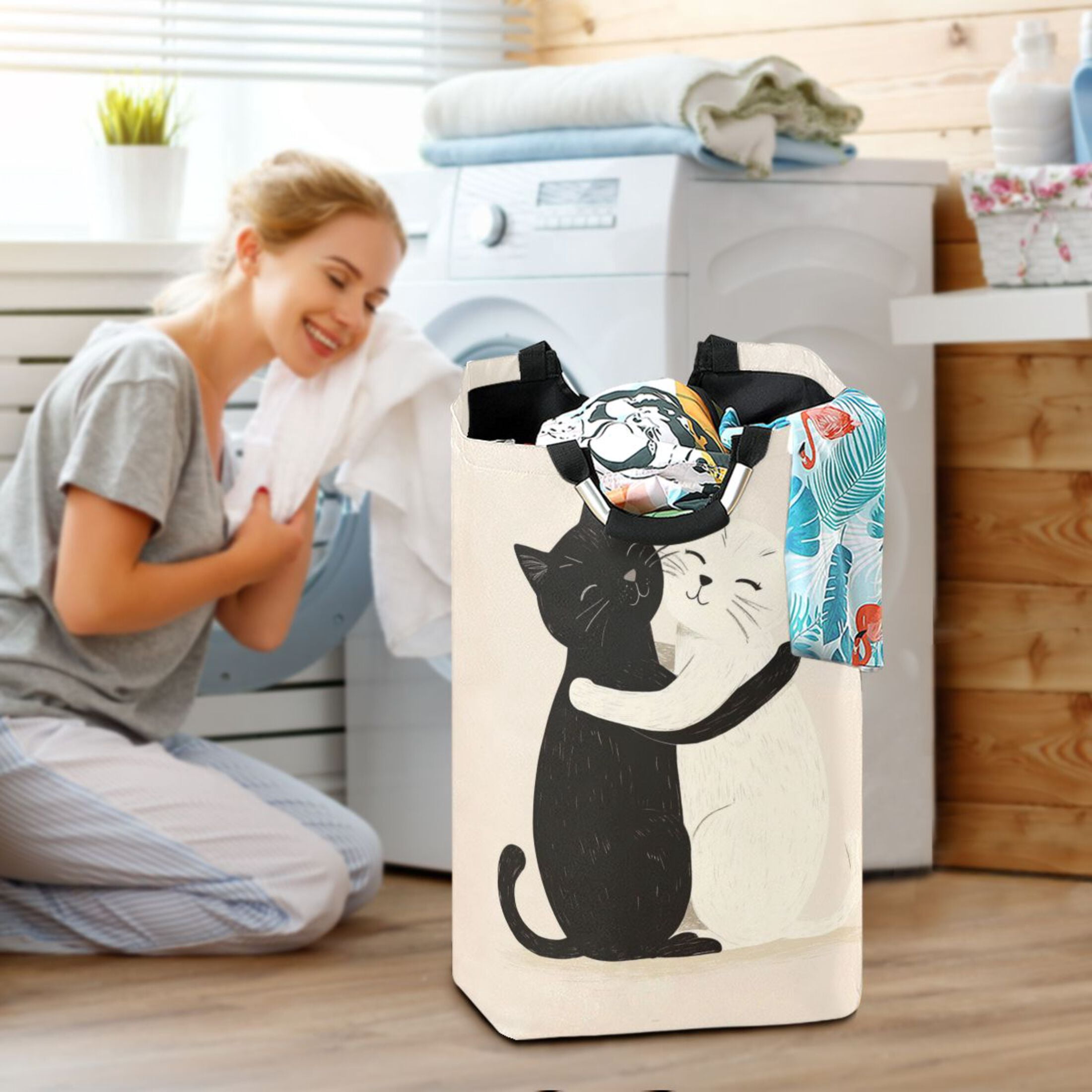 Laundry Basket Laundry Hampers 12.6*11* 22.7 Inch Storage Basket Laundry Hampers is Lightweight and Foldable Black Cat and White Cat