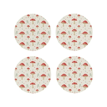 

Leather Coasters Set of 4 - Mushroom print Lightweight Non-Slip Drink Coasters for Desk Anti-Scalding Desk Cup Coasters for Office Table Decor Round Shape