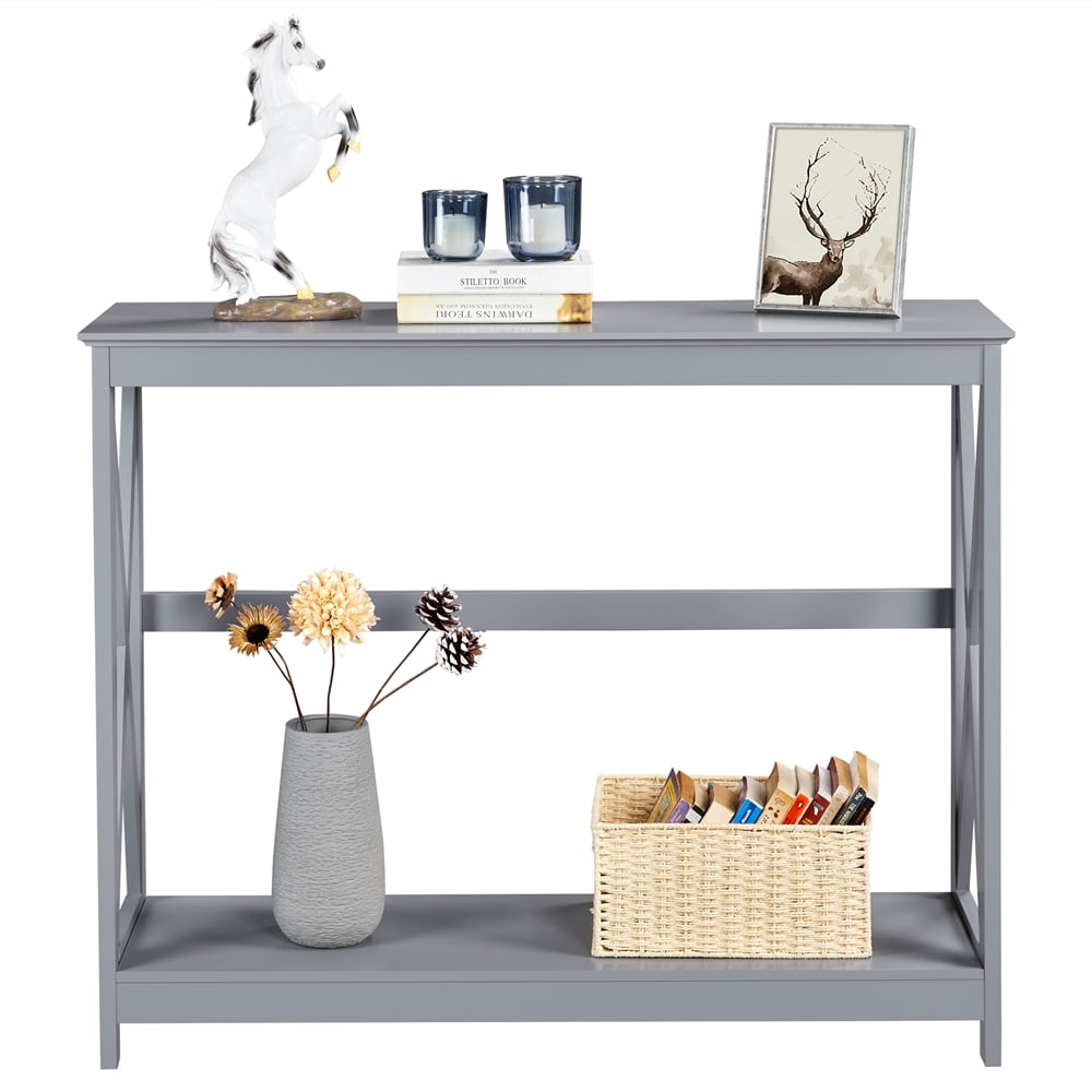 Yaheetech 2-Tier X-Design Console Table with Shelf for Living Room, Gray