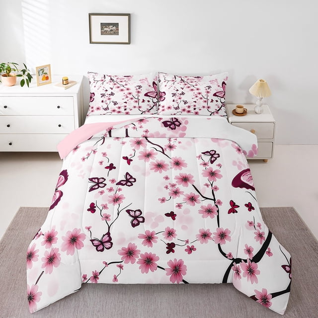 Erosebridal Pink Cherry Blossoms Bedding Todder Comforter Set, Girly Butterfly Down Comforter, Reversible 2 Pieces