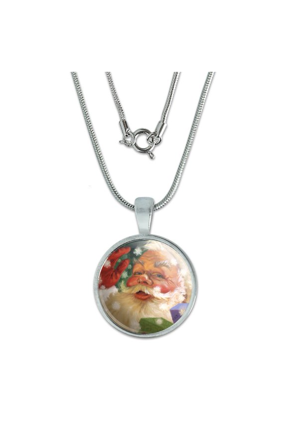 Christmas Holiday Hello Santa Claus 0.75" Pendant with Sterling Silver Plated Chain
