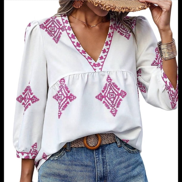 Blusas Casuales de con Cuello en V y Estampado Floral para Mujer, Blusas Bohemias de Verano con Mangas 3/4. Rosa M