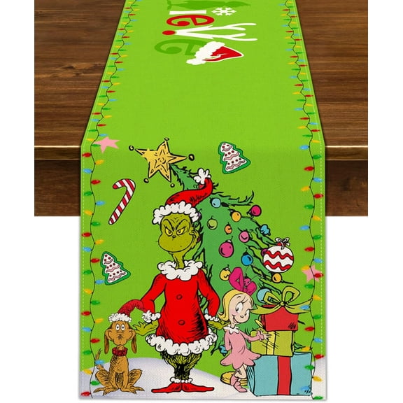 Green Christmas Table Runner Welcome to Whoville Believe Theme Party Decoration Xmas Winter Holiday Home Kitchen Island Decor 72Inches Long (Green, 13" x 72")