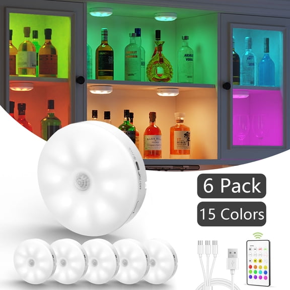 EZVALO 6-Pack Rechargeable RGB Puck Lights with Remote, Under Cabinet Lighting, 12 Colors, 3 Color Temps, Dimmable Magnetic Lights for Kitchen, Closet