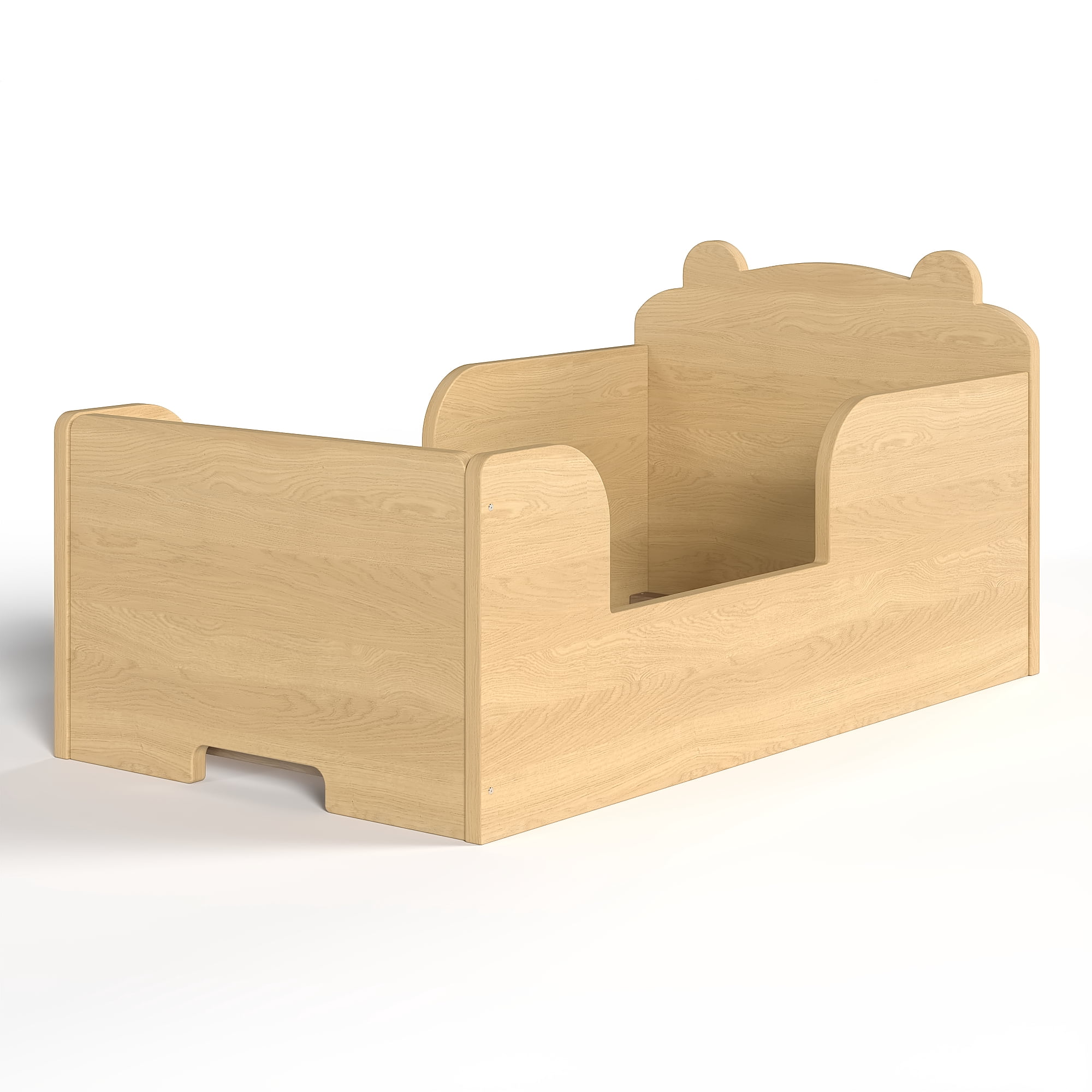 Leumius Twin Size Floor Bed for Kids,Solid Wood Montessori Floor Bed Frame with High Rails and Bear Shape Headboard for Boys Girls,Natural