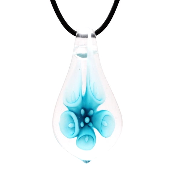 Glass Blue Lily Flower Teardrop Pendant Necklace