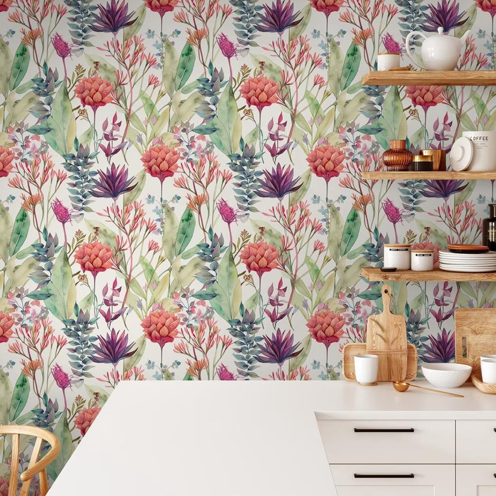Watercolor Purple/Red/Green Grass Wildflower Floral Peel and Stick Wallpaper Wall Decor Self Adhesive Wall Paper Stick on Easy Peel Off Contact for Renter Apartment