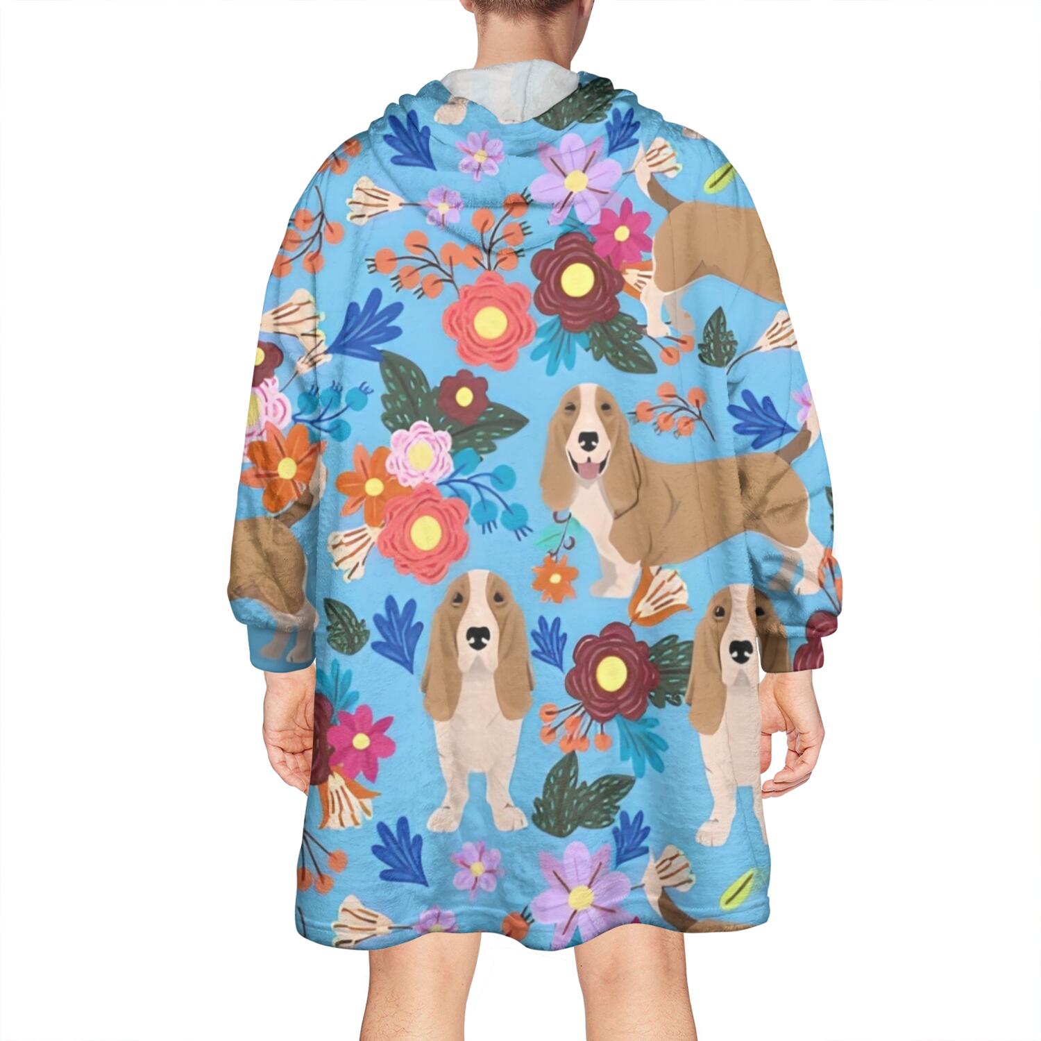 Wearable Oversized Blanket,Basset Hound Dog and Flower Wearable Blanket Hoodie for Adults,Cozy Hooded Blankets with Super Pockets,Super Warm Fuzzy Pullover for Women & Men
