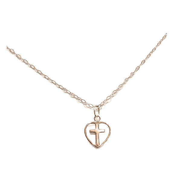 Sterling Silver Cross in Heart Necklace with Adjustable Chain