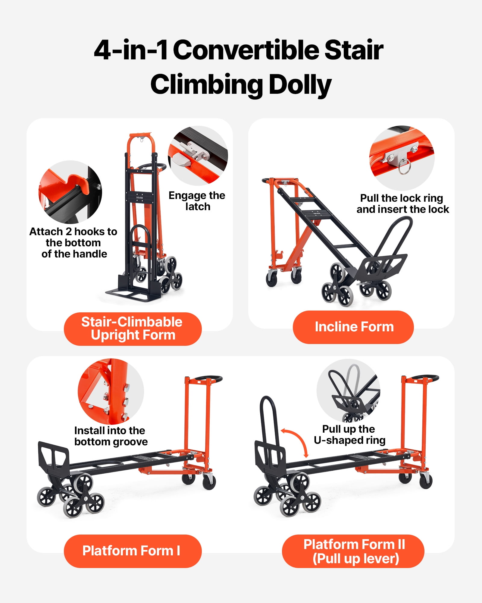 VEVOR 3 in 1 Industrial Convertible Stair Climbing Cart, 770 lbs Max Load, Folding Hand Truck Dolly with Handle & Wheels, Stair Climbing Utility Trolley for Transport & Moving, Orange & Silver