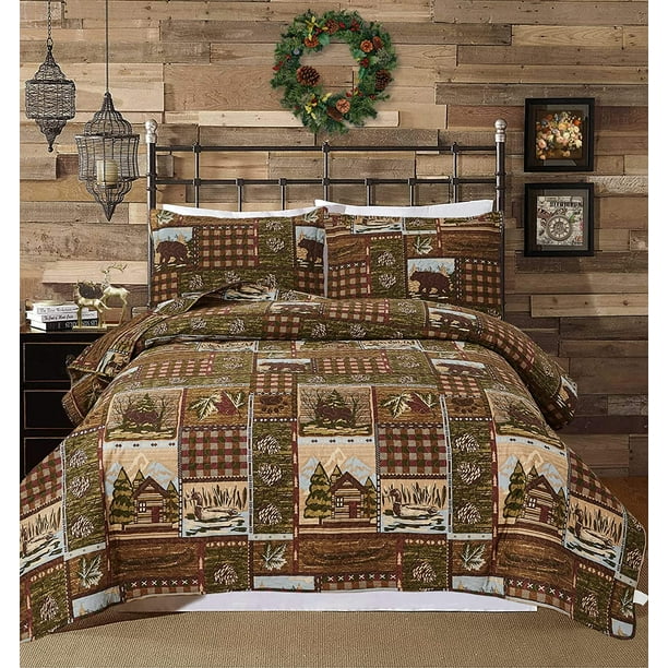 Lodge Bedspread Twin Size, Rustic Cabin Quilt Sets Moose Bear Bedspread  Coverlet Patchwork Plaid Bedcover Reversible Wildlife Printed Quilted Bed  Set