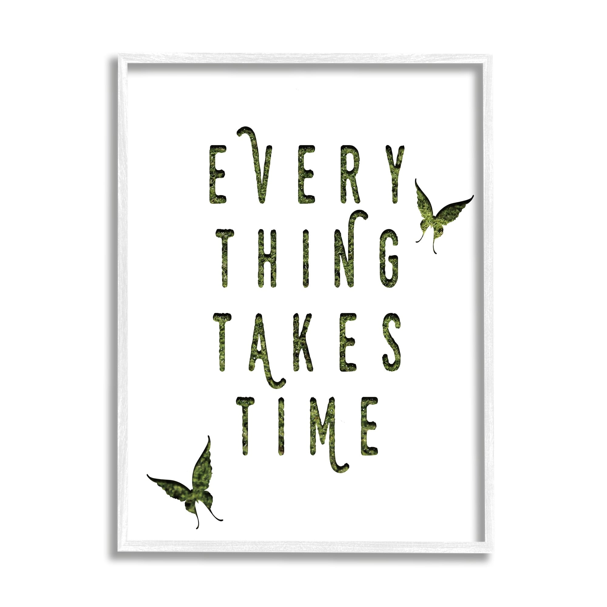 Stupell Industries Everything Takes Times Phrase Butterflies Grass Pattern Inspirational Painting Black Framed Art Print Wall Art, 16 x 20