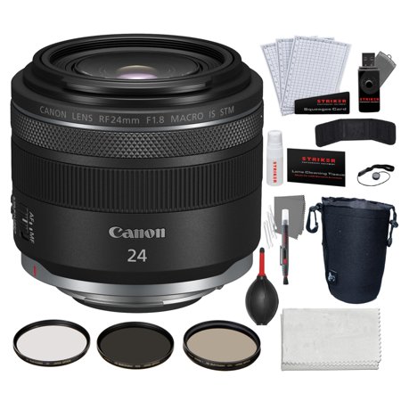 Canon RF 24mm f/1.8 Macro IS STM Lens Bundle with Keep Co. Lens Pouch | Medium + K&M Camera Microfiber Cleaning Cloth + Striker Deluxe Photo Starter Kit (11 Pieces) + 3-Piece Multi-Coated HD Filter Se