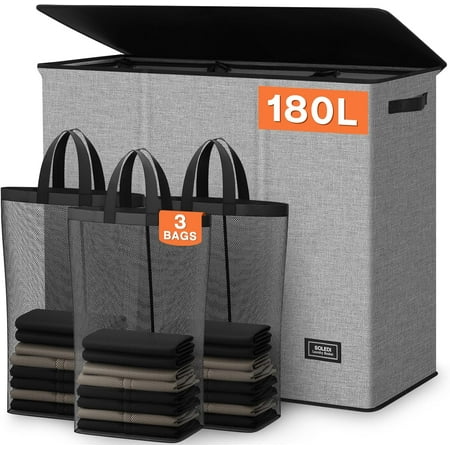 180L Laundry Hamper 3 Section Extra Large Laundry Hamper with Lid Dirty Clothes Hamper with Sturdy Handle Large Laundry Basket Organizer for Laundry Room Bedroom Hampers for Laundry