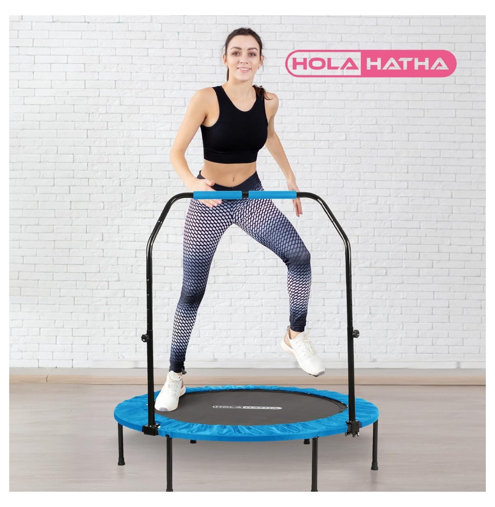 Foldable Mini Trampoline Home Gym Fitness Rebounder with 5 Level Adjustable Handle, Supportive 440 lb Capacity Workout Equipment, 40", Blue