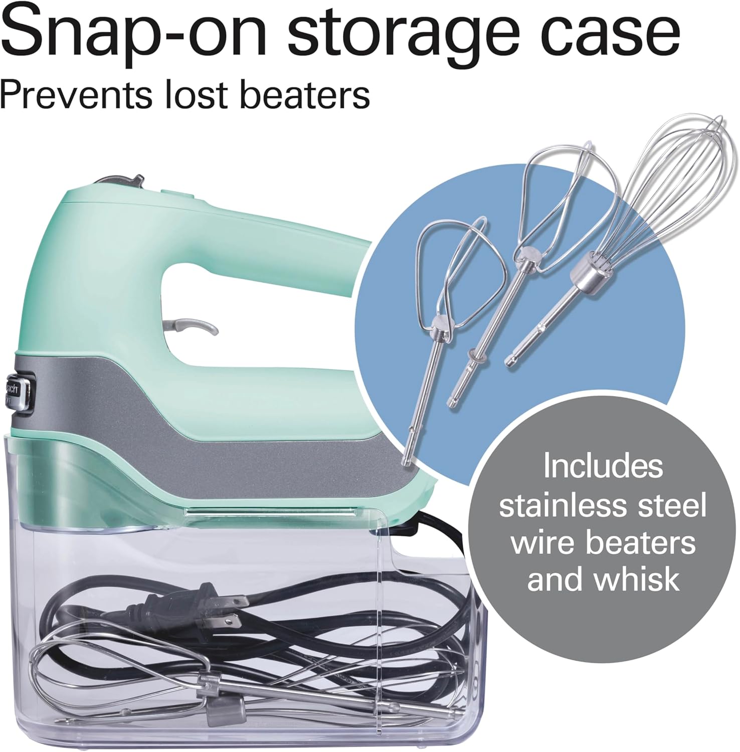 5-Speed Electric Hand Mixer with Snap-On Storage , QuickBurst, Stainless Steel Twisted Wire Beaters and Whisk, Mint