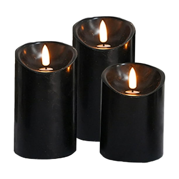 3 velas electrónicas LED con control remoto de 10 teclas para Halloween, fondo con textura de cera real negra, batería, mecha de alta simulación, lámpara de vela parpadeante sin llama para decoración