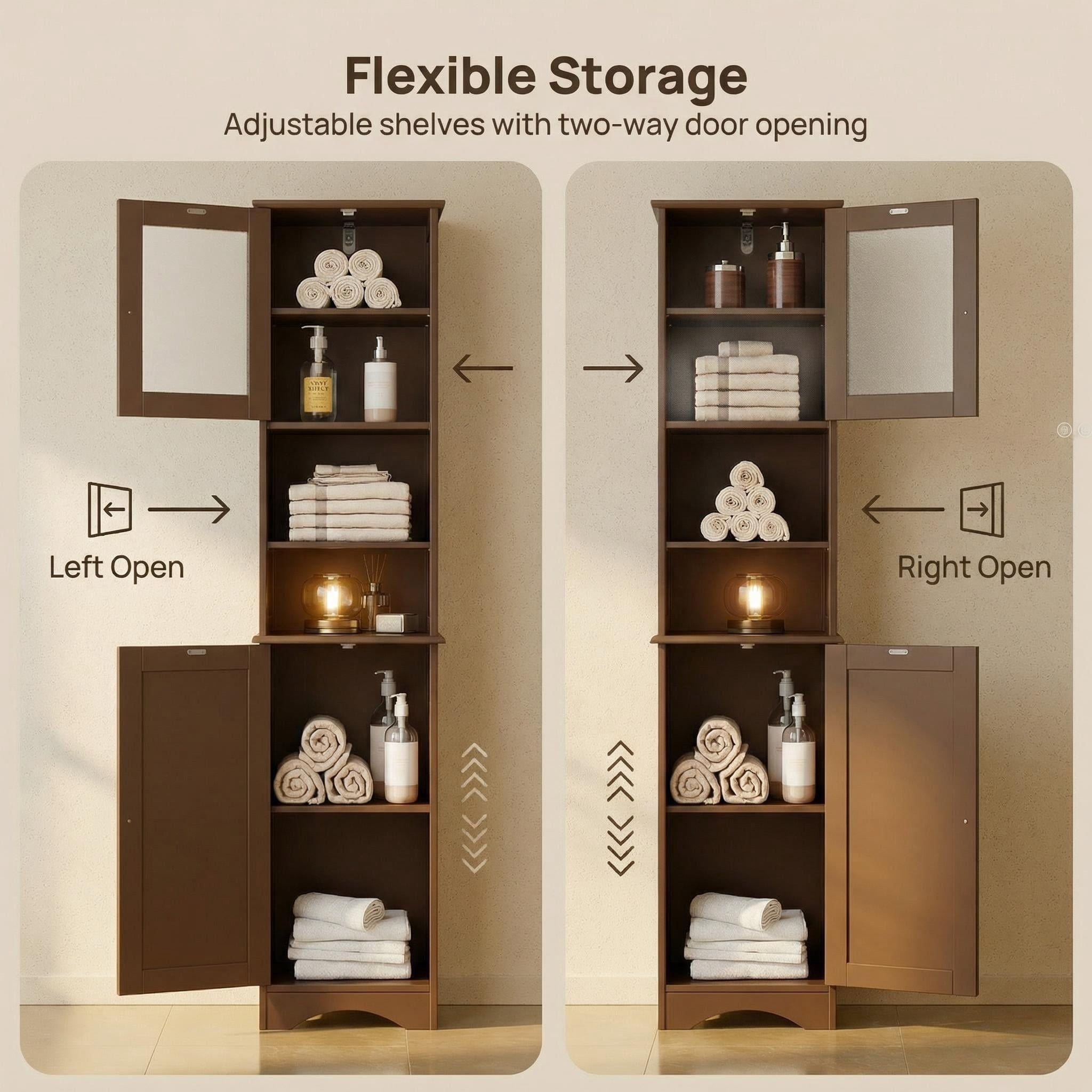 Lofka 67”H Tall Bathroom Storage Cabinet with Adjustable Shelves, Narrow Tall Linen Tower  with Two-Way Doors, Dark Brown