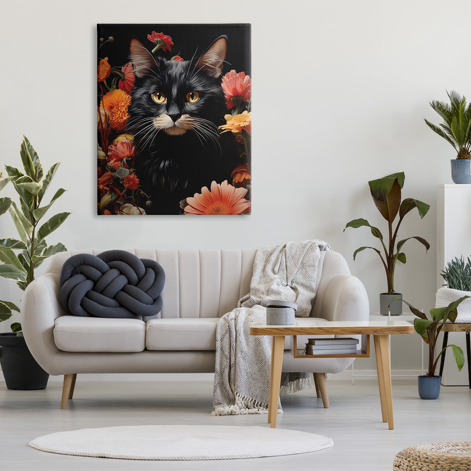 Stupell Industries Cat & Blooming Flowers Animals & Insects Painting Gallery Wrapped Canvas Art Print Wall Art, 36 x 48