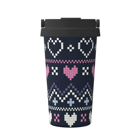 

Tebeau Pixel Heart Winter Print Travel Coffee Mug Insulated Coffee Cup with Leakproof Lid Coffee Tumbler Reusable Coffee Cups with Seal Lid