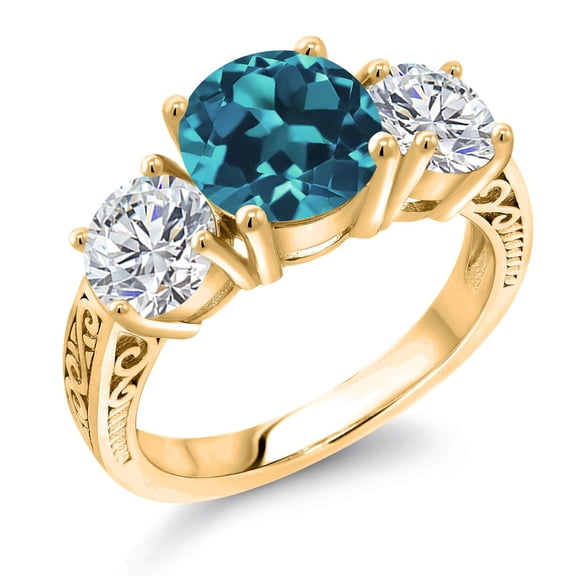 Gem Stone King 18K Yellow Gold Plated Silver London Blue Topaz and Lab Grown Diamond Engagement Ring for Women | 3.98 Cttw | Round 8MM | Gemstone November Birthstone | Size 6