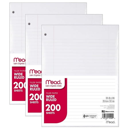 Mead Wide Rule Filler Paper, 10.5" x 8", White, 200 Sheets, Count 3 Pack