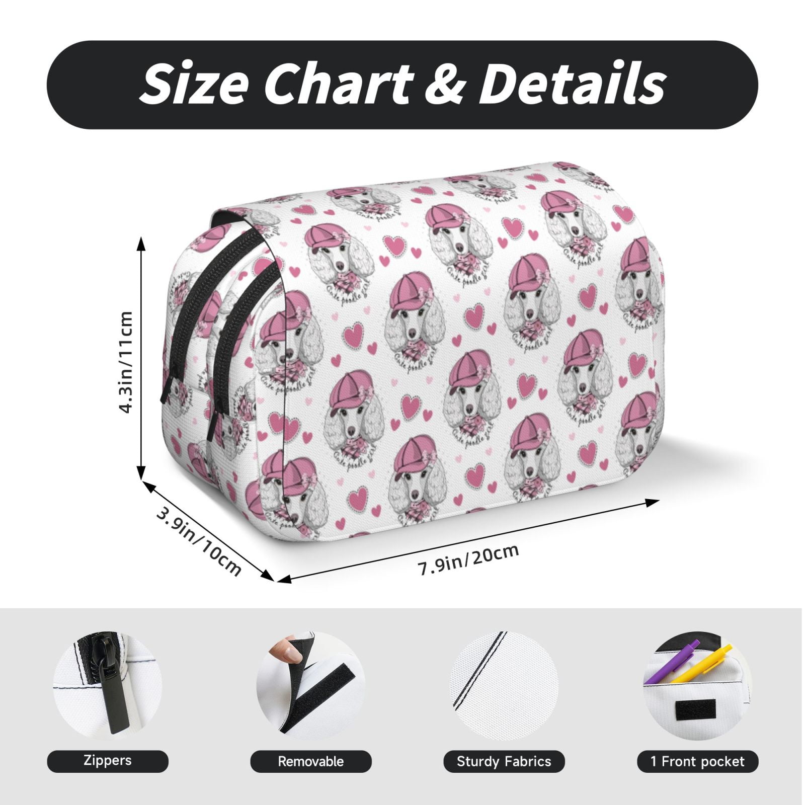 Rateoe Cute Poodle Dog Pattern Double Clamshell Pen Case, Storage Organizer with Two Zipper Compartments– Holds Up to 50 Pencils & Pens
