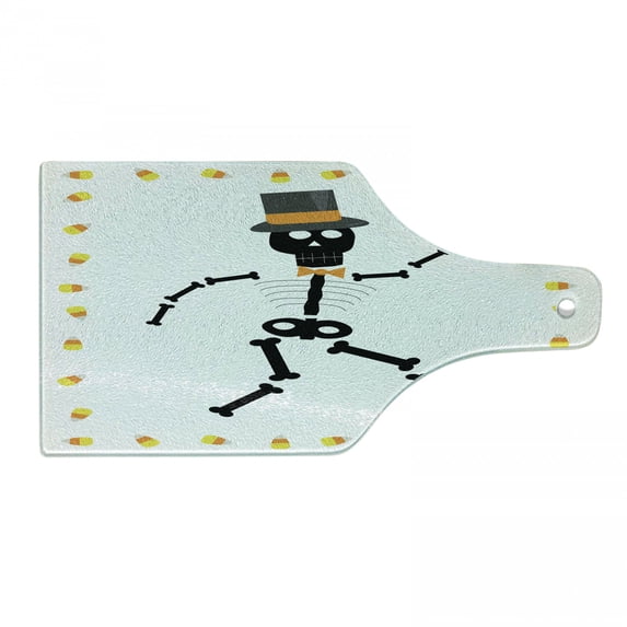 Bones Cutting Board, Dancing Skeleton with a Bow Tie and a Hat in Candy Cones Frame Print, Decorative Tempered Glass Cutting and Serving Board, in 3 Sizes, by Ambesonne